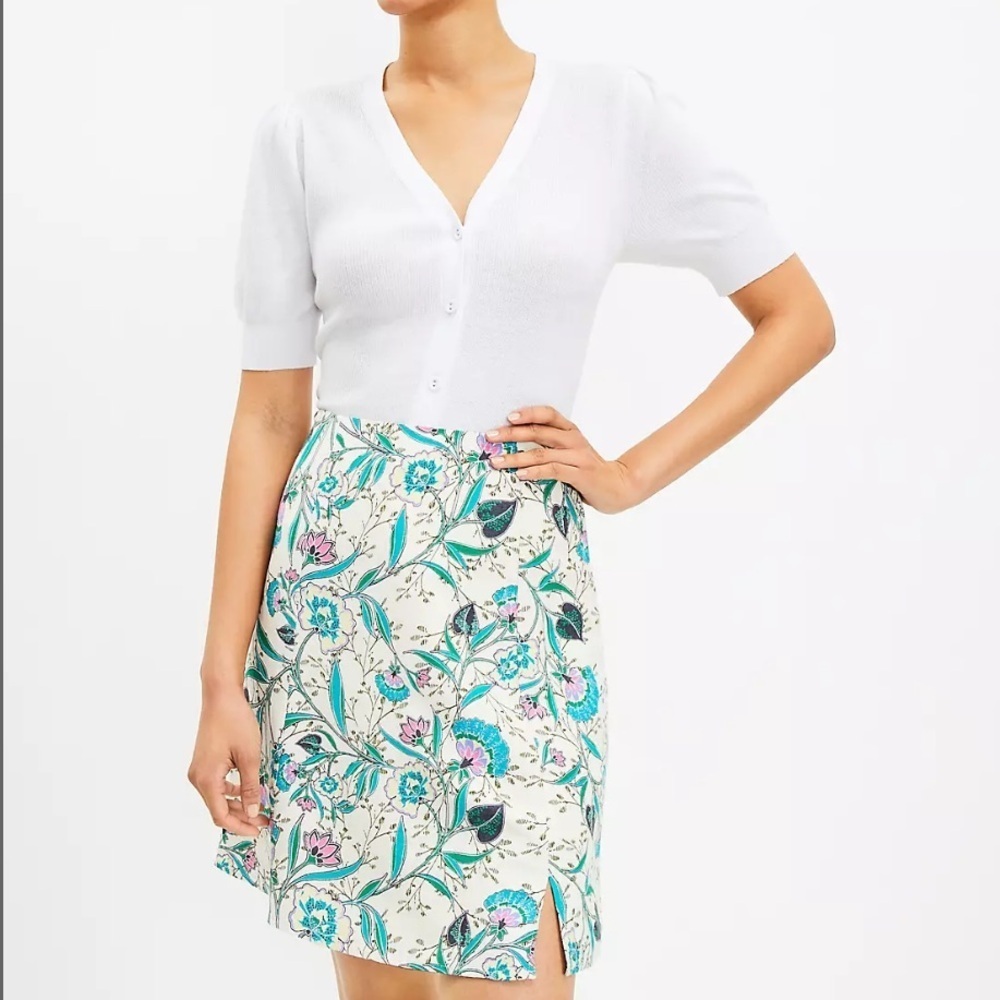 Loft Skirt Size 12 Floral Side Slit Linen Blend Lined Romantic NWT